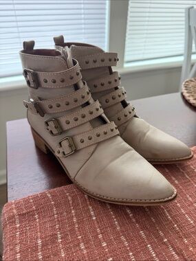 Studded Strappy Ankle Boots in Beige